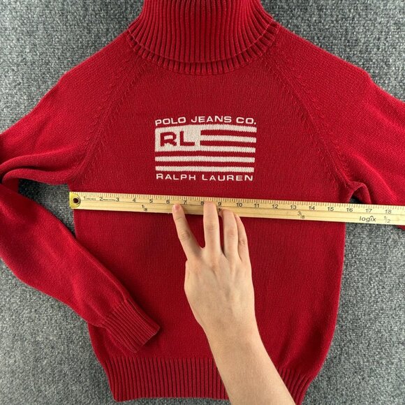 Ralph Lauren Polo Jeans Medium Red Knit Turtleneck Women Flag Sweater USA Logo - Picture 7 of 14